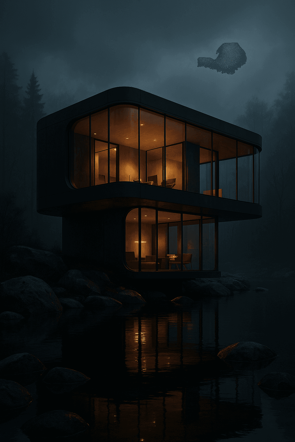 Modern building with lights on